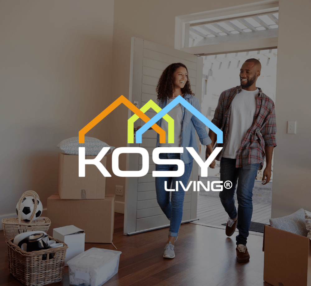 kosy living logo with couple moving in to apartment surrounded by boxes