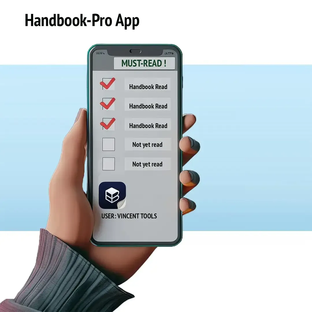 A hand is holding a cell phone that says handbook pro app