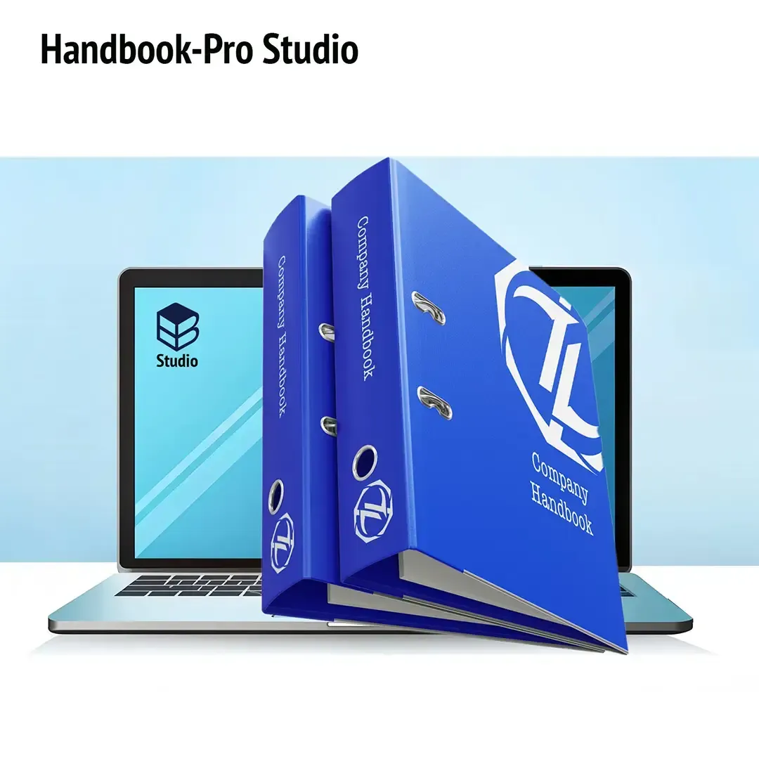 A laptop with a handbook pro studio logo on the screen
