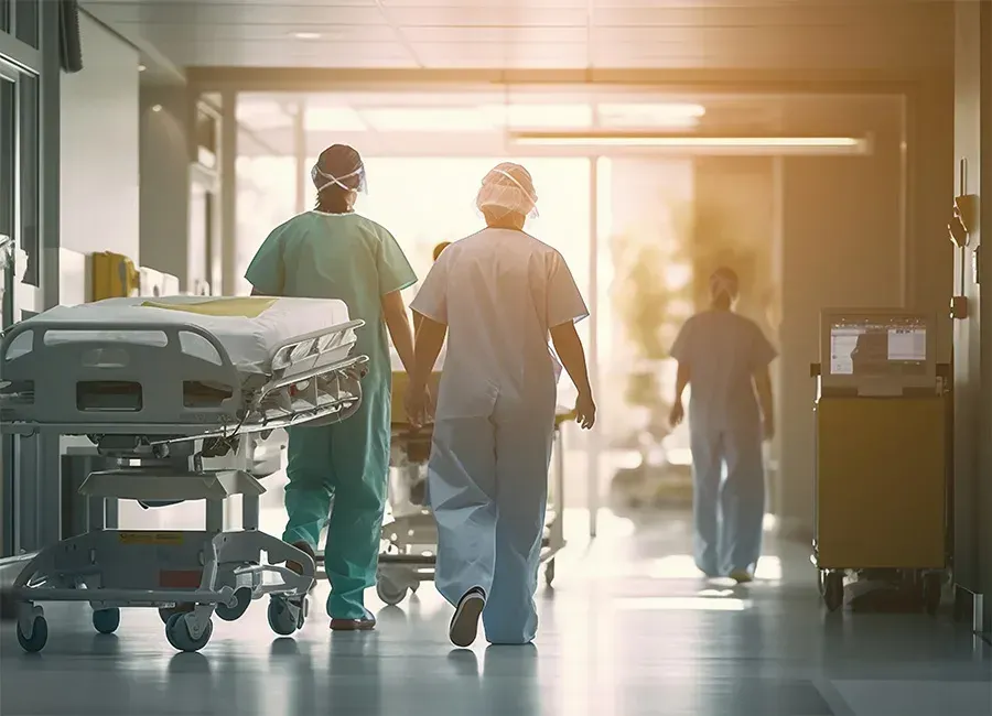 A group of doctors and nurses are walking down a hospital hallway.
