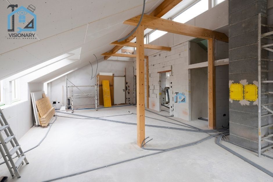 Sheetrock contractors working on a bright, spacious attic with wooden beams and a slanted ceiling