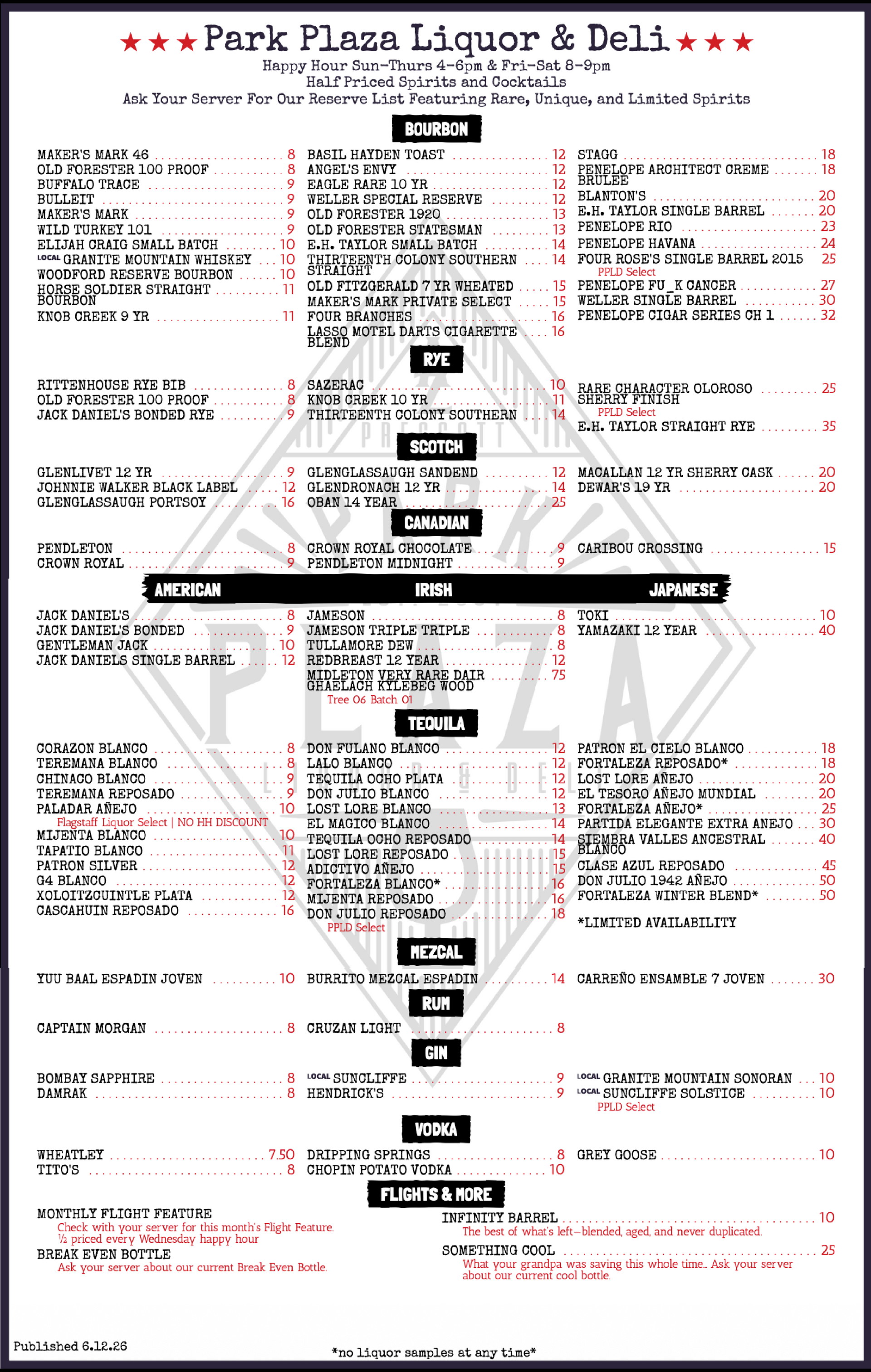 Park Plaza Liquor and Deli whiskey, bourbon, rye, tequila, and other spirits list. And menu.