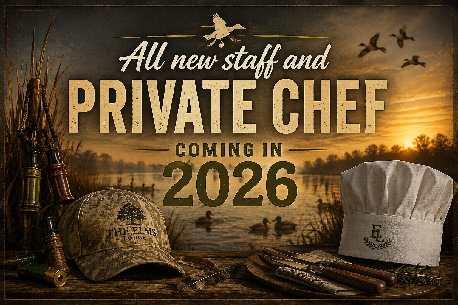 All new staff and private chef coming in 2026, with camo hat, skillet, and chef hat at sunset