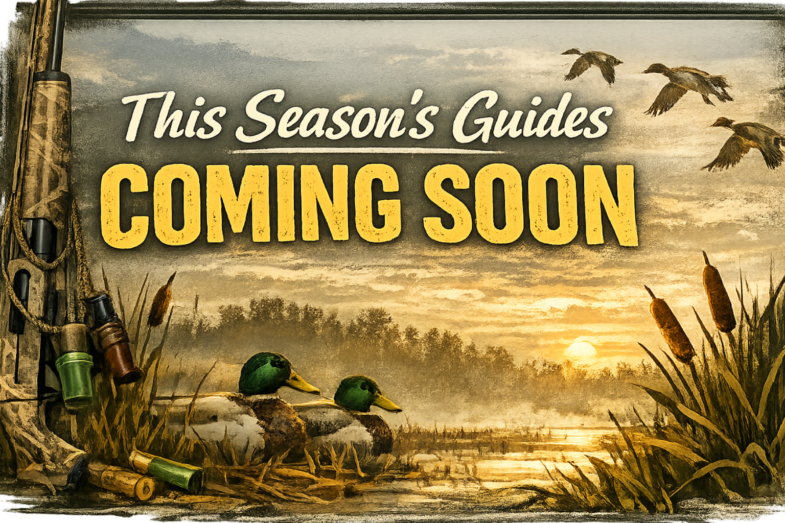 Season’s Guides coming soon over a misty hunting scene with deer and ducks at sunrise