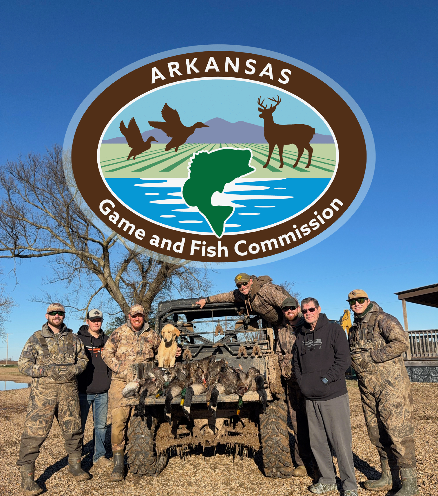 Arkansas Game and Fish Commission logo above a group posing beside an off-road vehicle outdoors