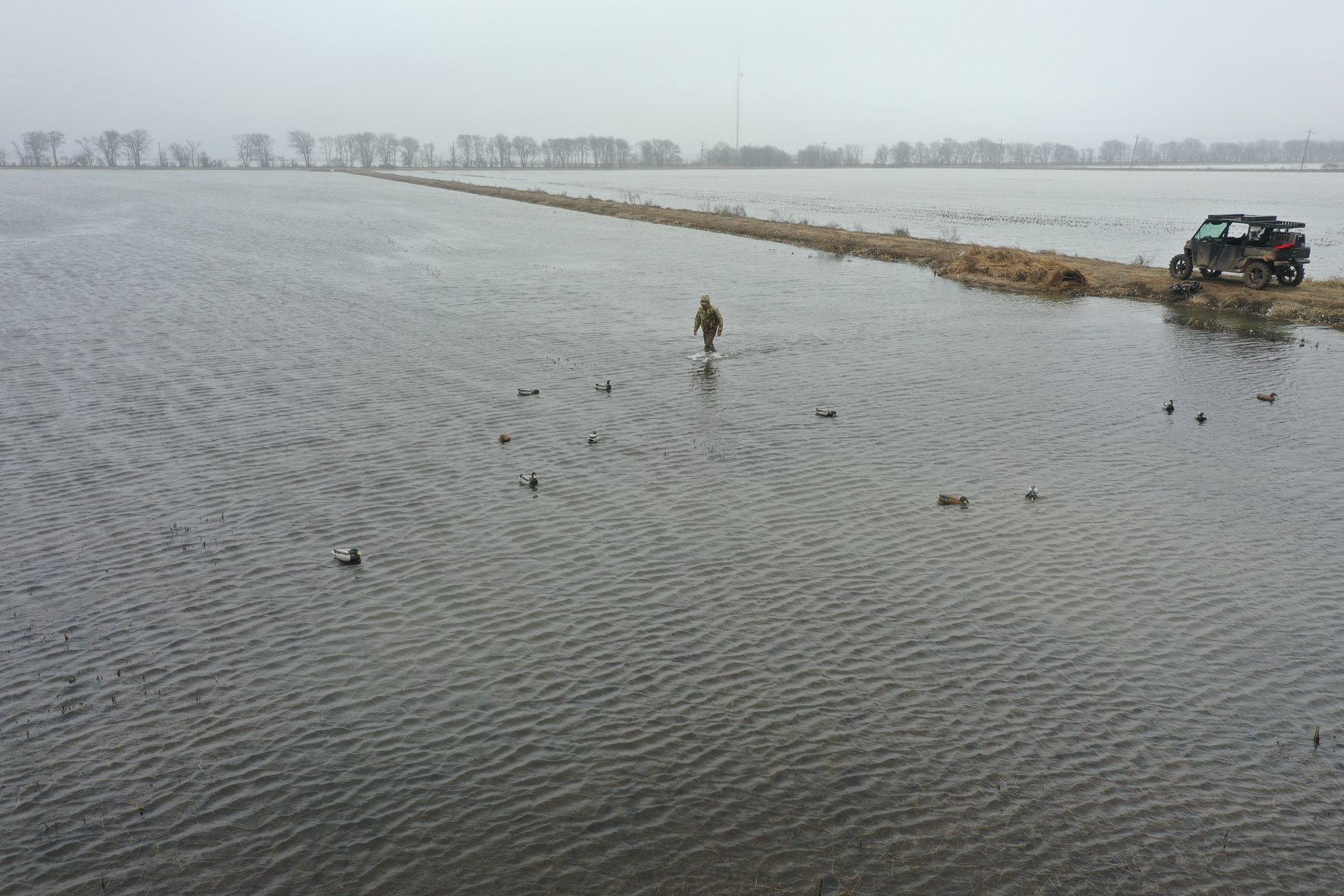 Flooded field with a person standing in water and a vehicle on a raised dirt path under a gray sky