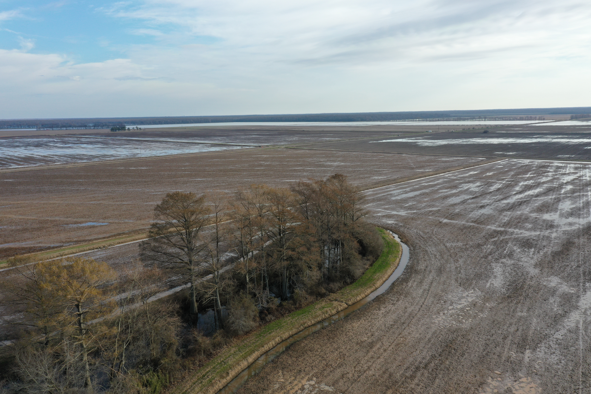 Aerial view of a muddy plowed field with a small wooded grove and a curving path along the edge