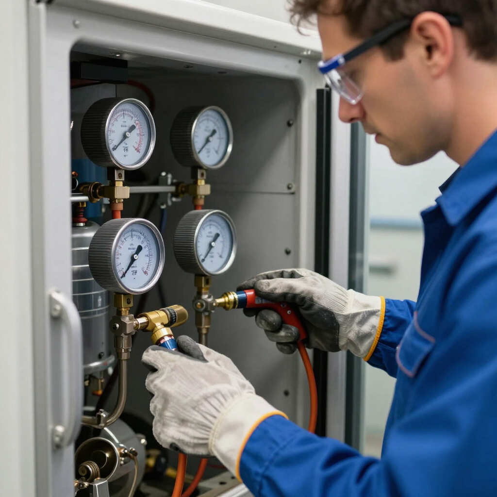 Técnico ajustando manómetros y válvulas en equipos industriales dentro de un armario de control.