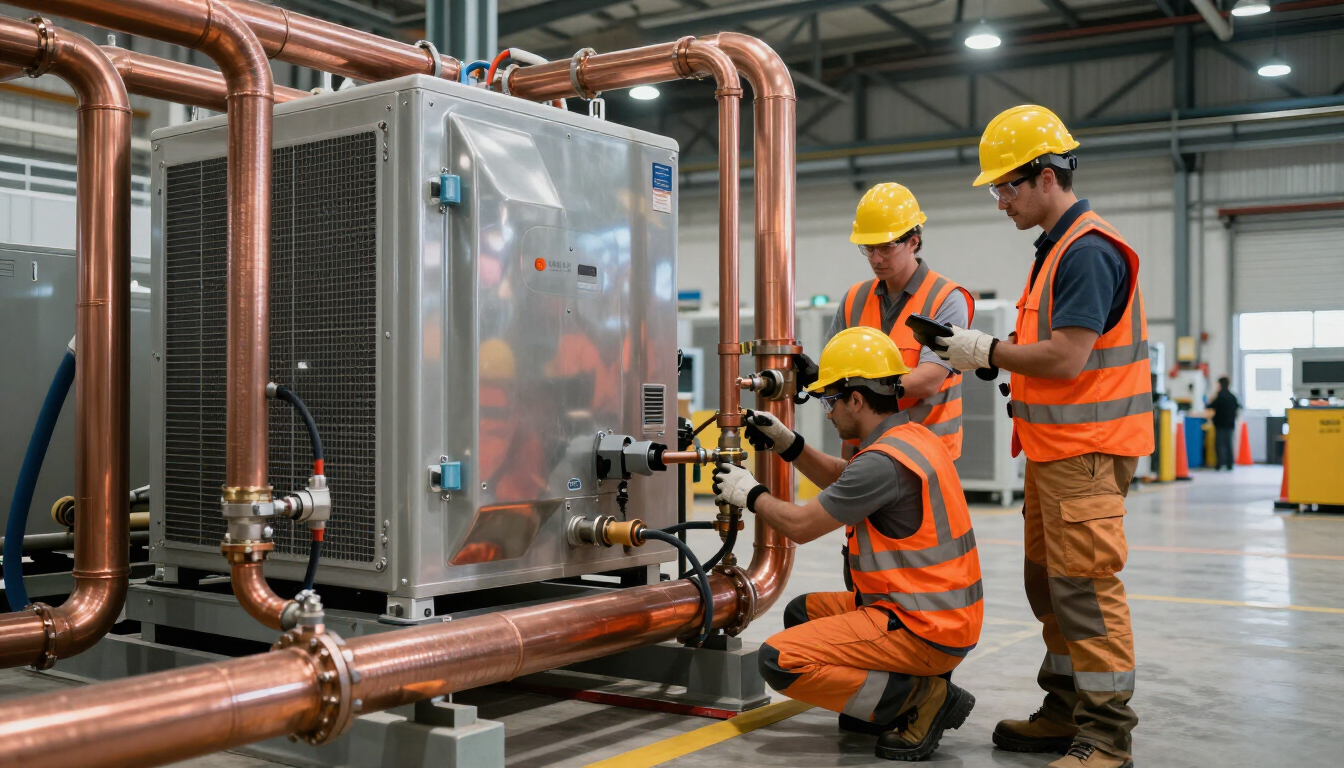 Tres trabajadores con cascos inspeccionan tuberías industriales y una gran máquina metálica en una fábrica.