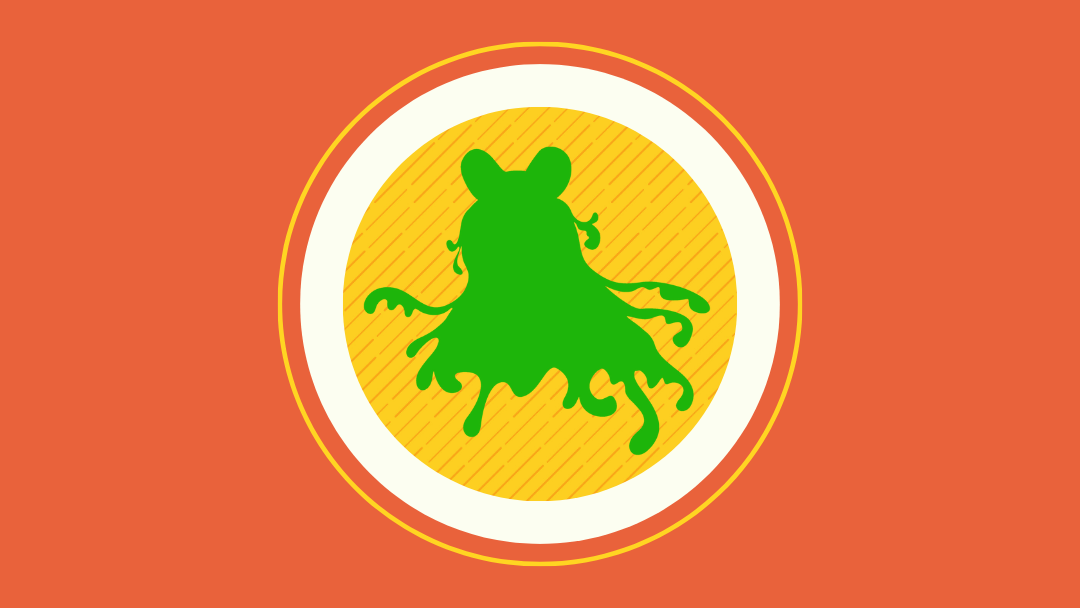 Stylized graphic of a green slime creature on an orange background.