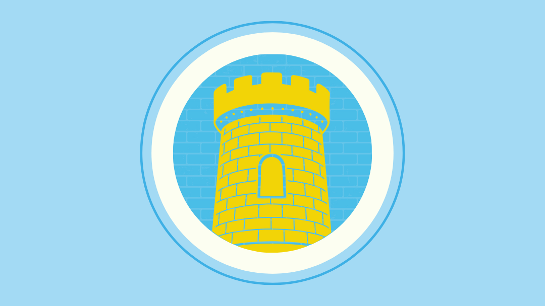 Stylized graphic of a yellow tower on a light blue background.