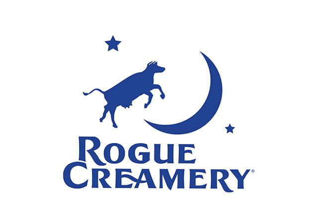 Rogue Creamery logo with a blue bull, crescent moon, and stars on a white background