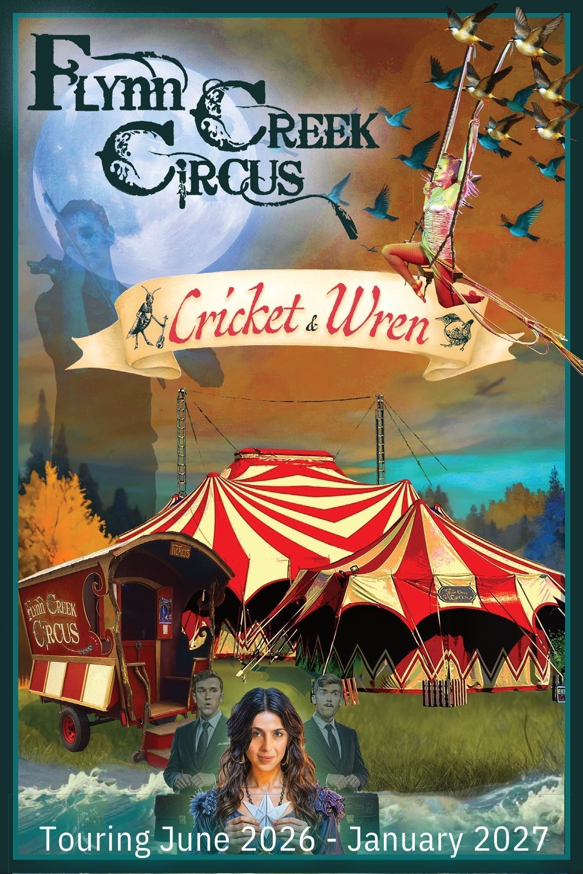Flynn Creek Circus poster with red-and-white big top and sign reading “A Cricket’s World”