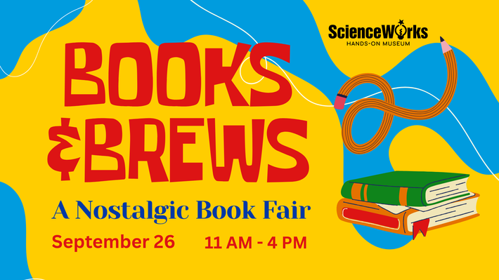 Books & Brews Grown-Up Book Fair poster, yellow and blue, September 26, 11 AM-4 PM, with books and pencil graphic
