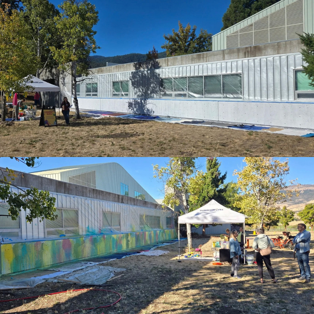 before and after collage of the scienceworks wall when it was blank and then after it had paint balloons thrown at it to create a colorful foundation