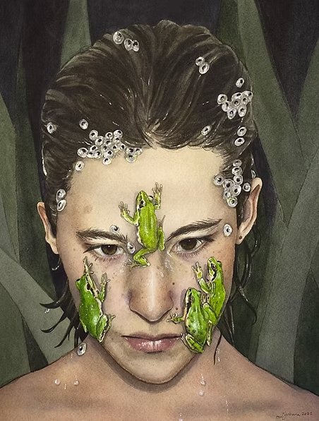 A person's face with frogs on it, surrounded by frog eggs and green foliage.
