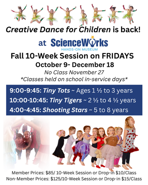 Creative Dance for Children back at ScienceWorks, fall session Fridays Oct 9–Dec 18, ages 1–8.