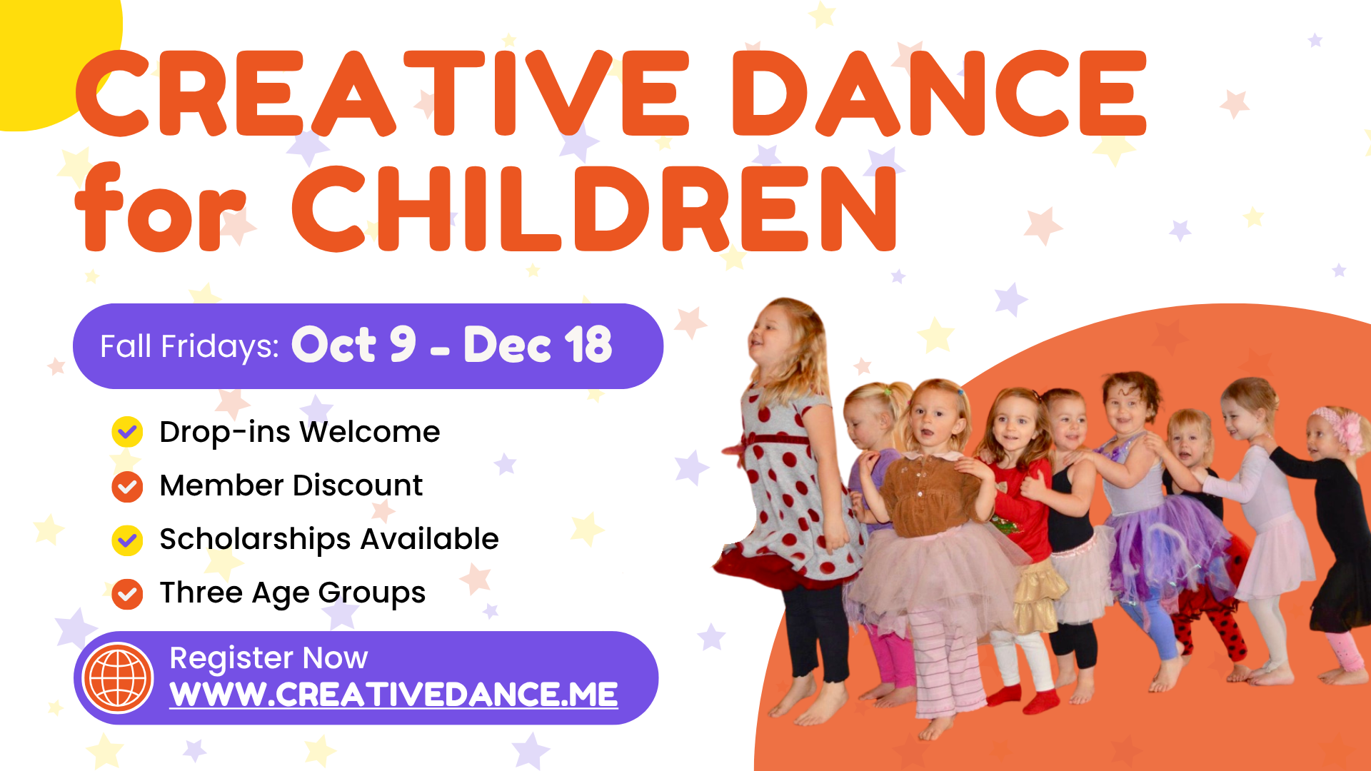 Creative dance for children flyer with orange title, dates, class details, and kids dancing on a white and orange background