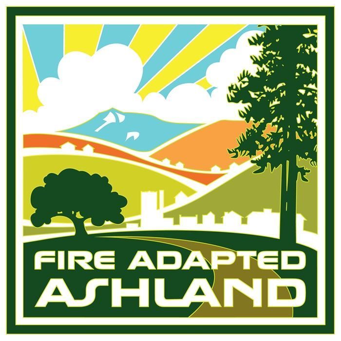 Logo for Fire Adapted Ashland featuring a sunny mountain landscape with trees and a town silhouette in a square frame.