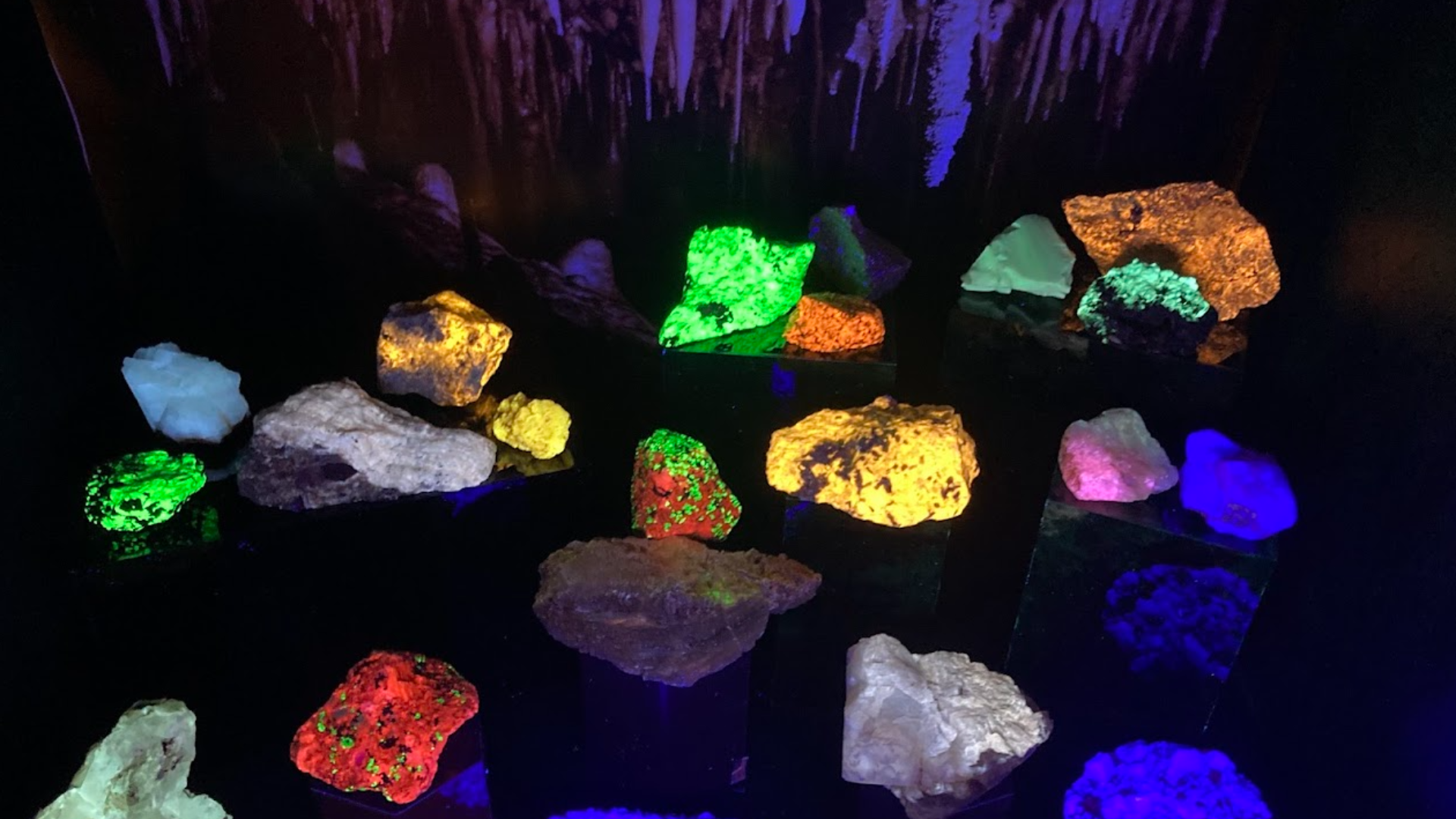 glowing rocks and minerals in the cave exhibit