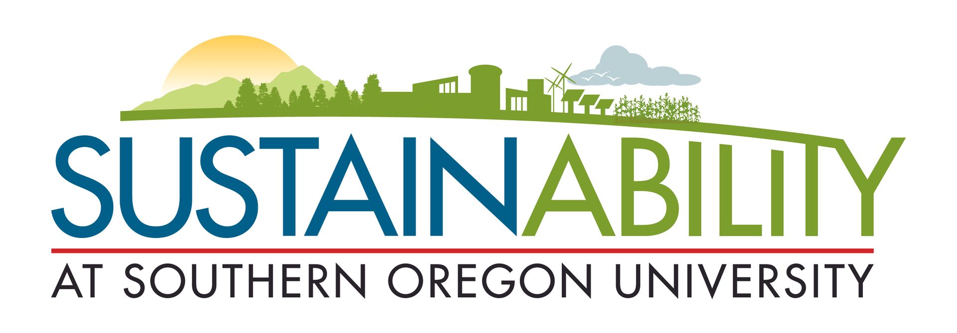Logo for Sustainability at Southern Oregon University featuring a green landscape silhouette above the blue and green text.