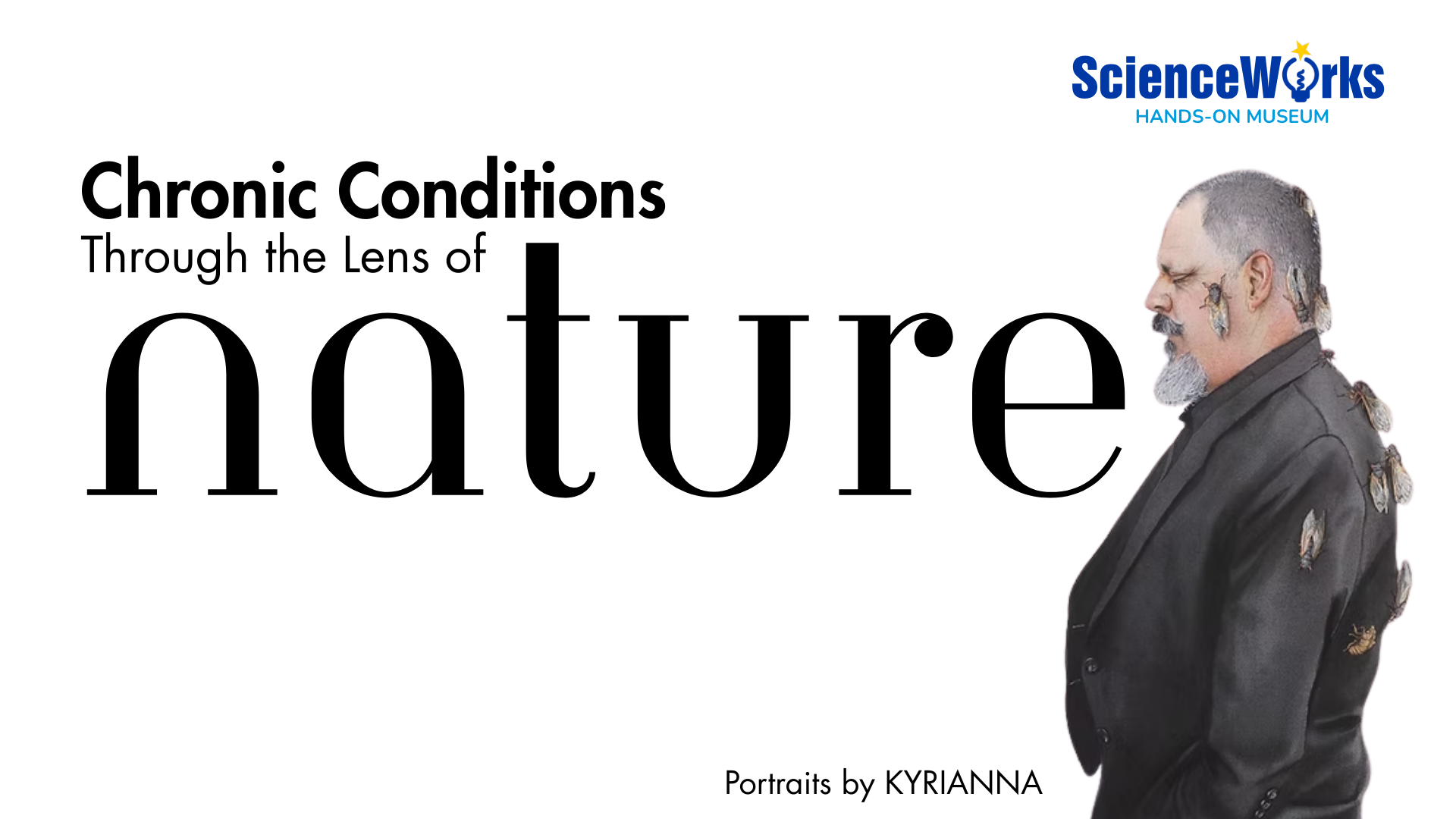Man in dark coat beside text: