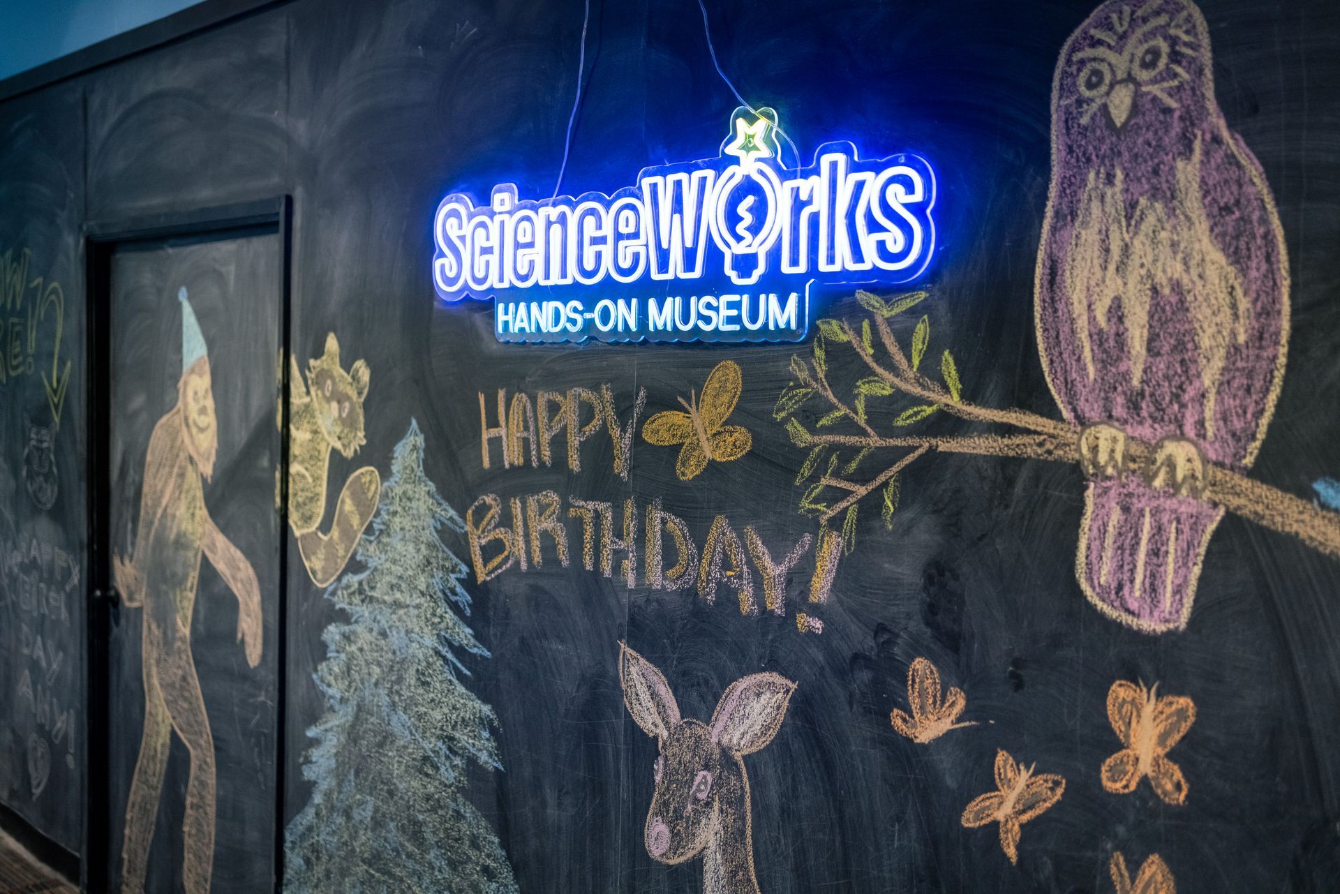 ScienceWorks Hands-On Museum chalkboard with neon sign, owl drawing, and “Happy Birthday!” message