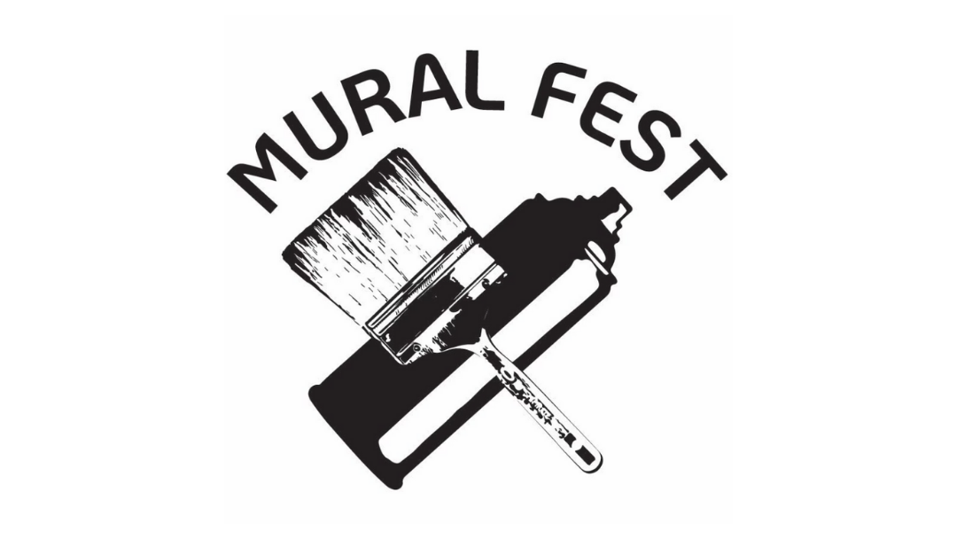 Mural Fest logo with crossed paintbrush and roller in black and white