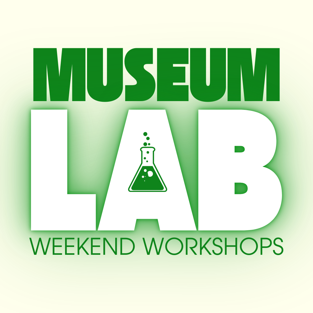 A logo for Museum Lab Weekend Workshops featuring green bold text and an icon of a laboratory flask.