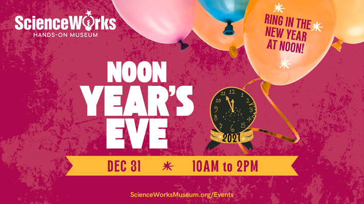 ScienceWorks Noon New Year’s Eve event poster with pink background, clock, and Dec 31, 10AM–2PM details