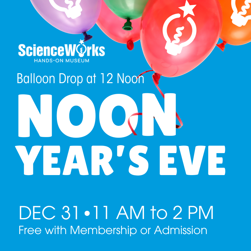 A cluster of falling balloons with the ScienceWorks logo on them. Test says Noon Year's even 2026.