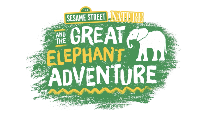 Sesame Street Nature: The Great Elephant Adventure title with green elephant silhouette on white background