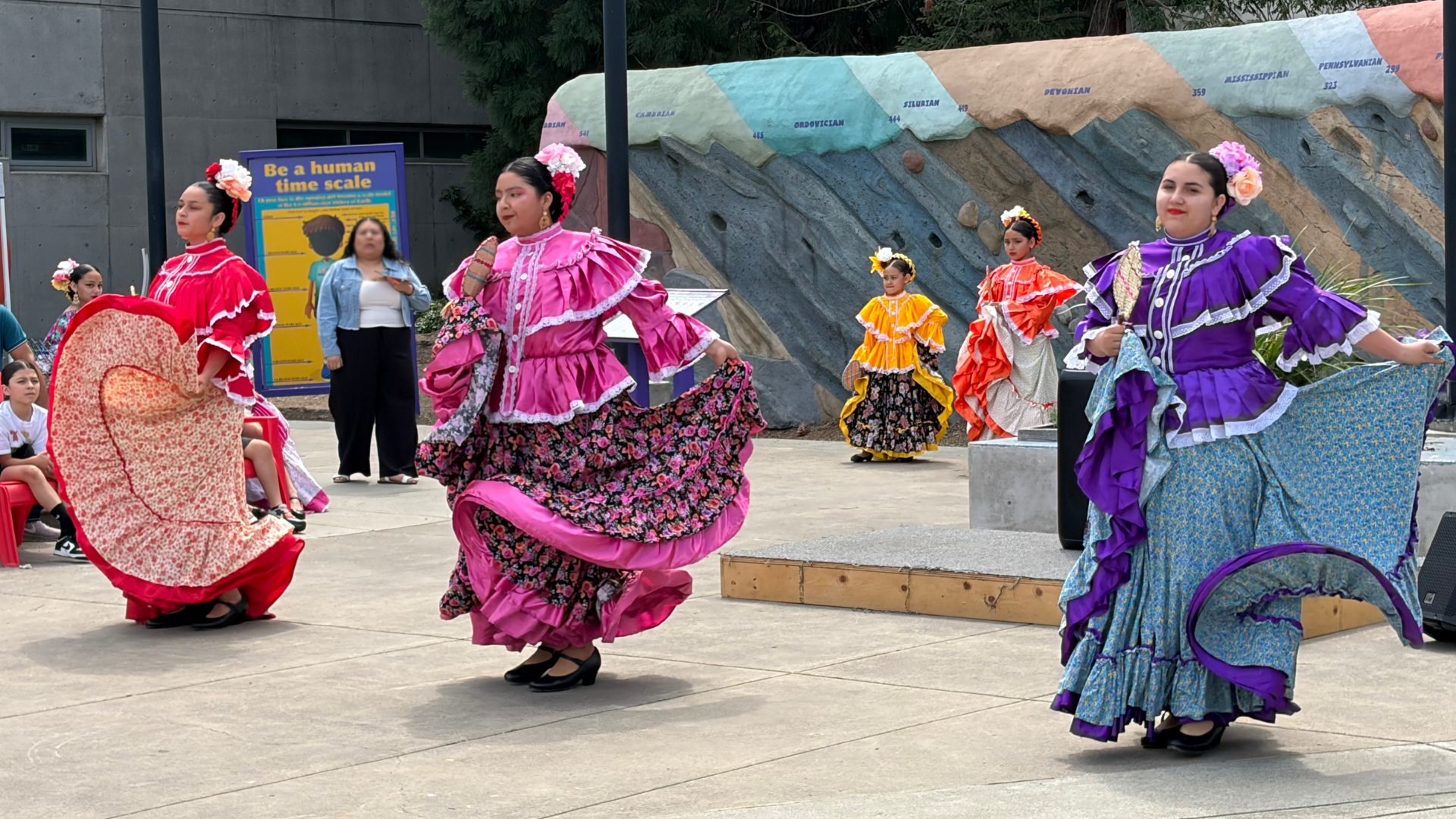 A group of dancers from Ballet Folklorico, Ritmo Alegre performs on the ScienceWorks Plaza