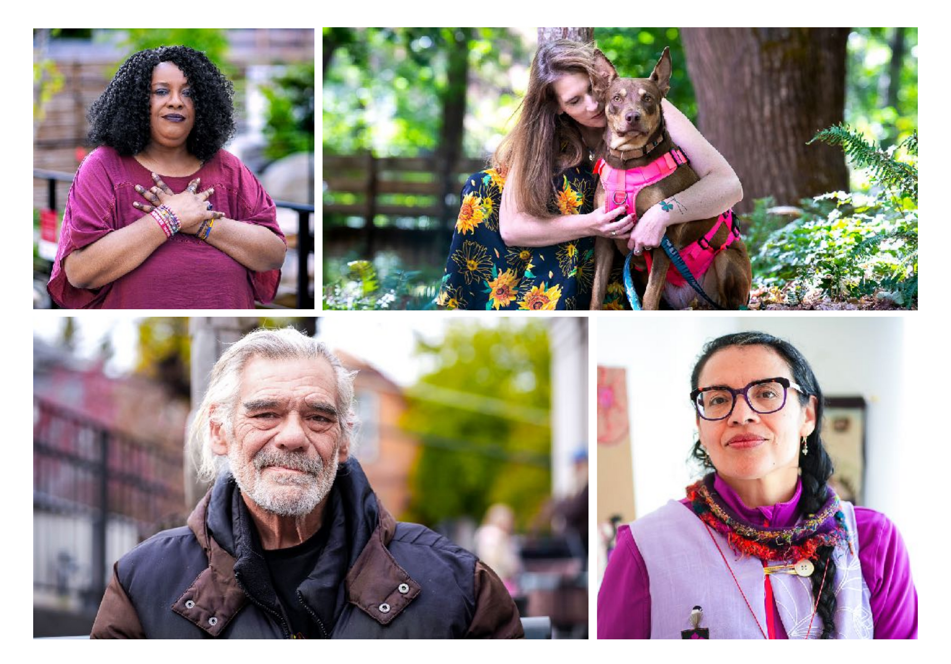 Collage of four portraits, including a woman holding a dog outdoors people smiling in close-up portraits