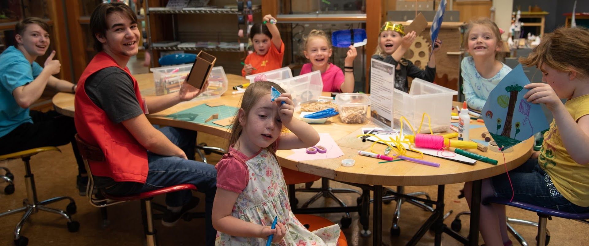 Children gathered in the Tinkering Studio in Da Vinci's Garage at ScienceWorks