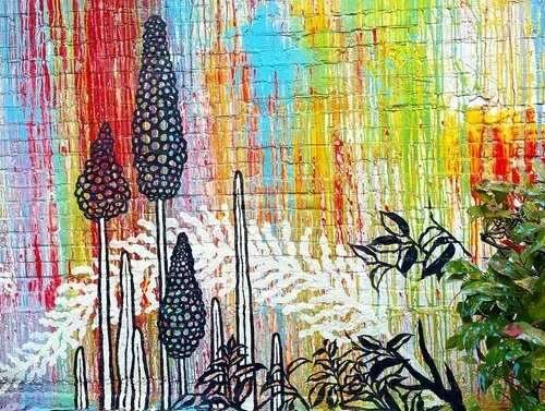 Colorful abstract landscape with tall dotted plants and green foliage against a textured rainbow background