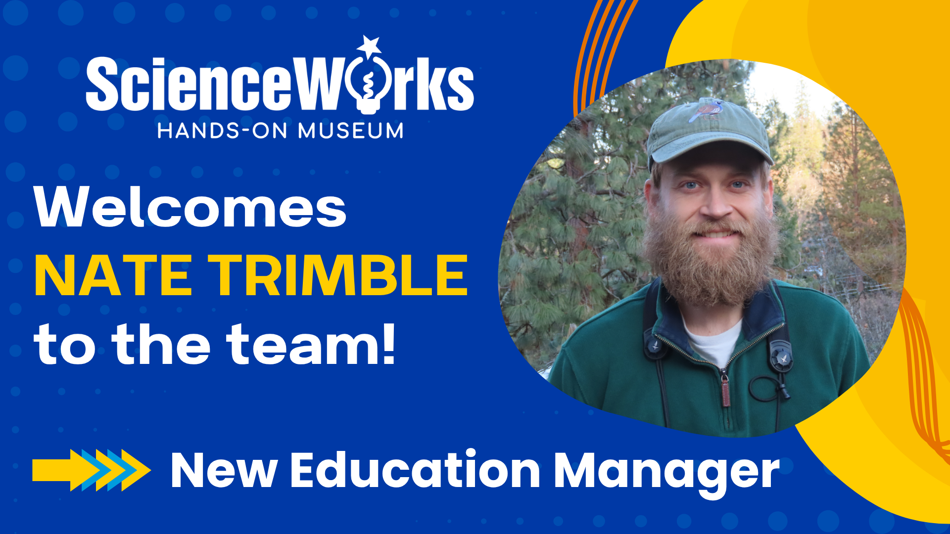 ScienceWorks welcomes Nate Trimble as new education manager, with his portrait on blue background
