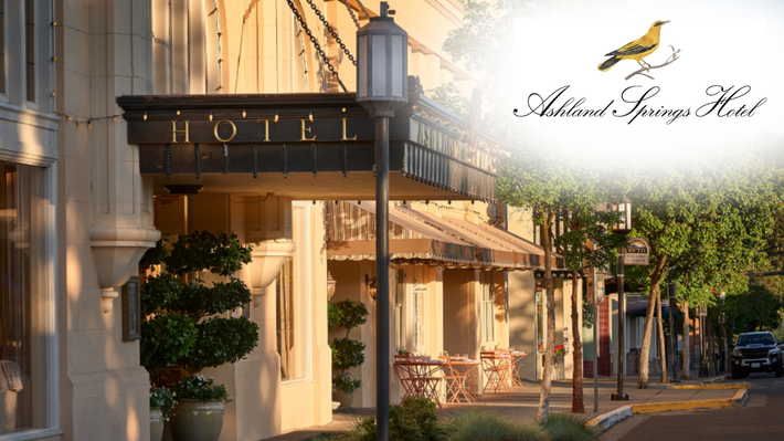 Elegant hotel entrance with awnings, potted greenery, and a sunlit street; logo with a bird at top right