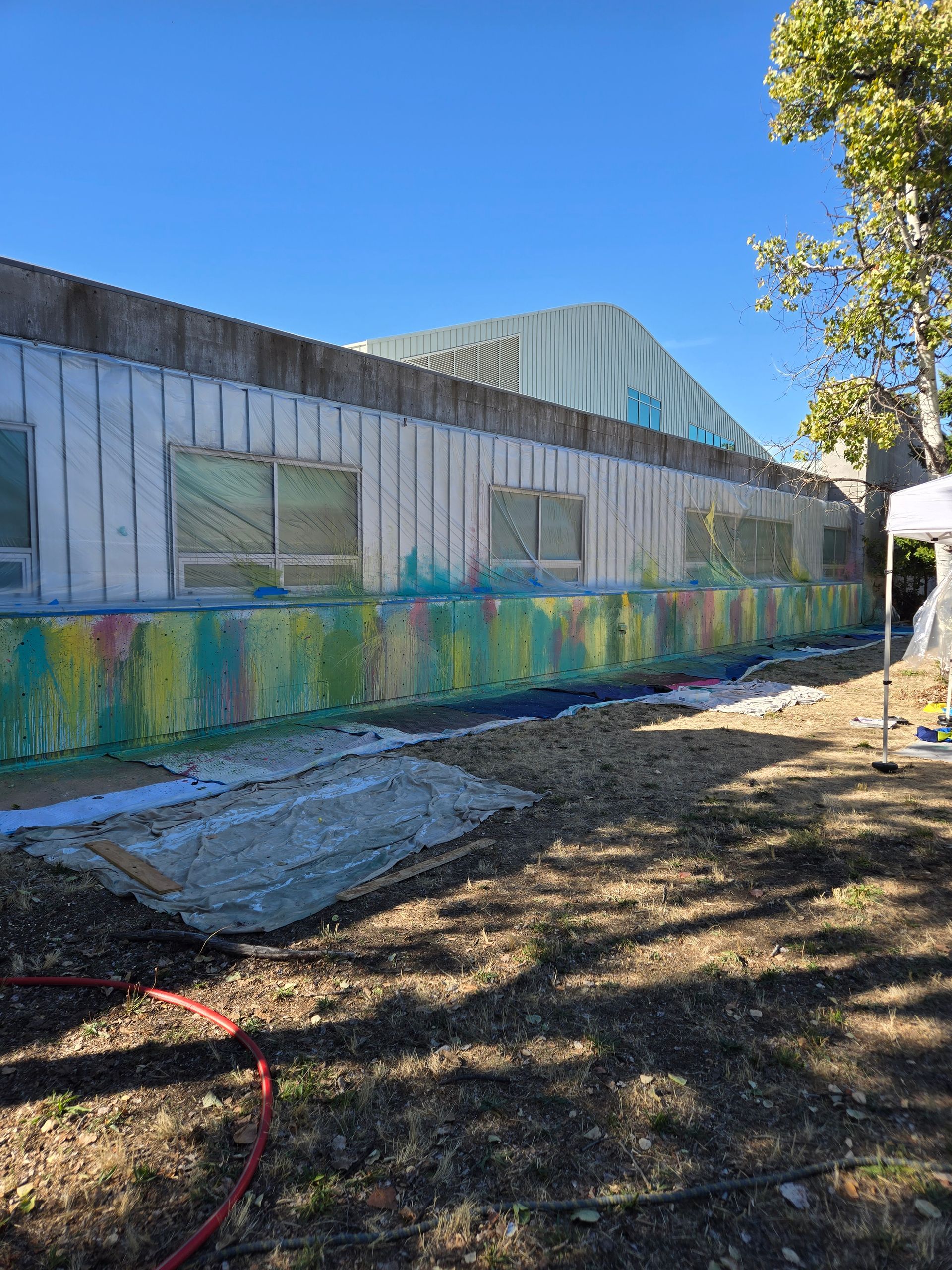 the community mural in progress under a blue sky, with a tree casting shadows.