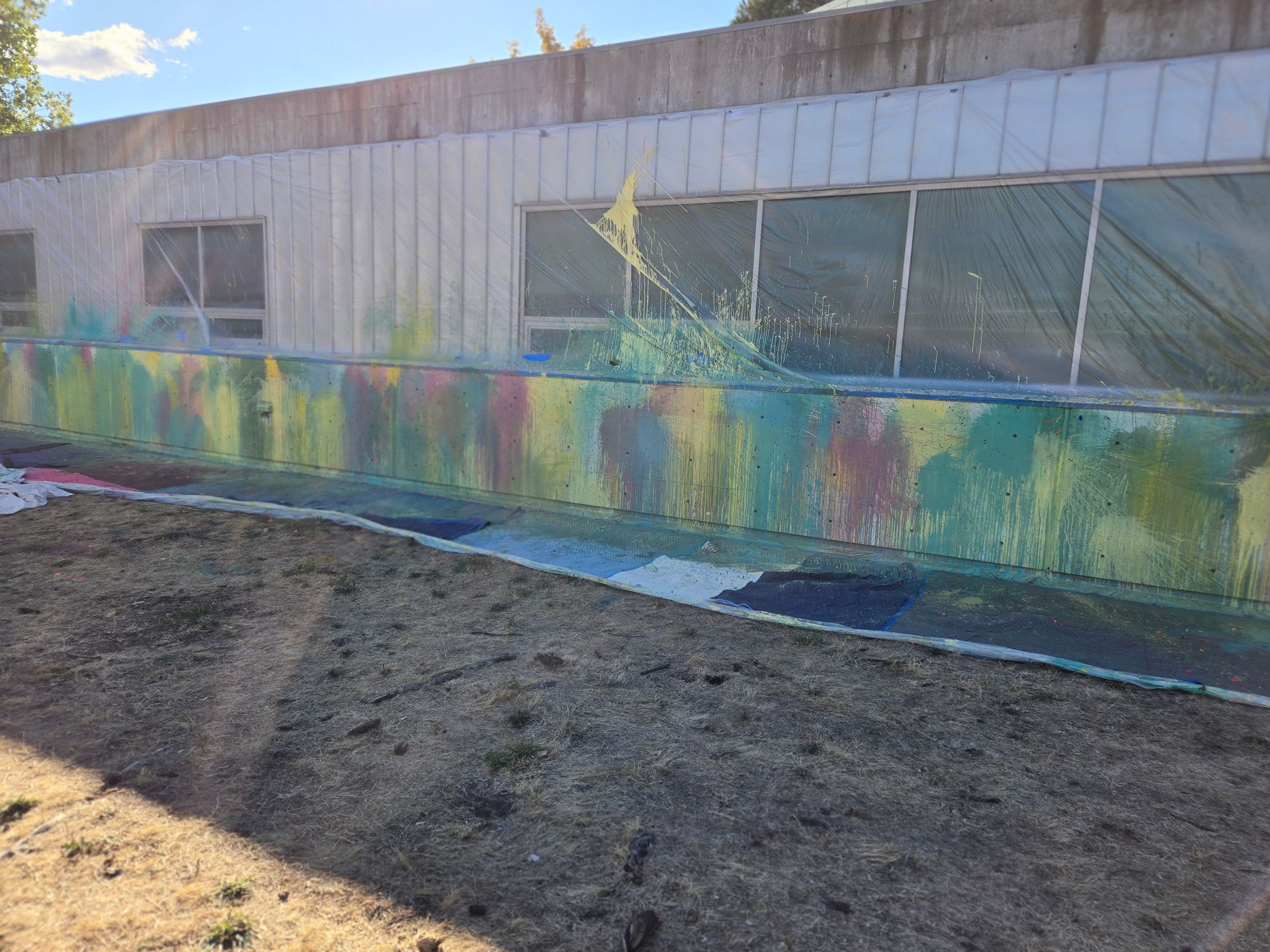 colorful mural painted on a building wall beside a dirt path and garden bed
