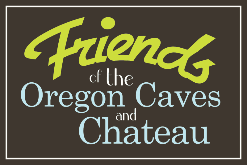 Logo reading “Friends of the Oregon Caves and Chateau” in lime green and white on dark brown.