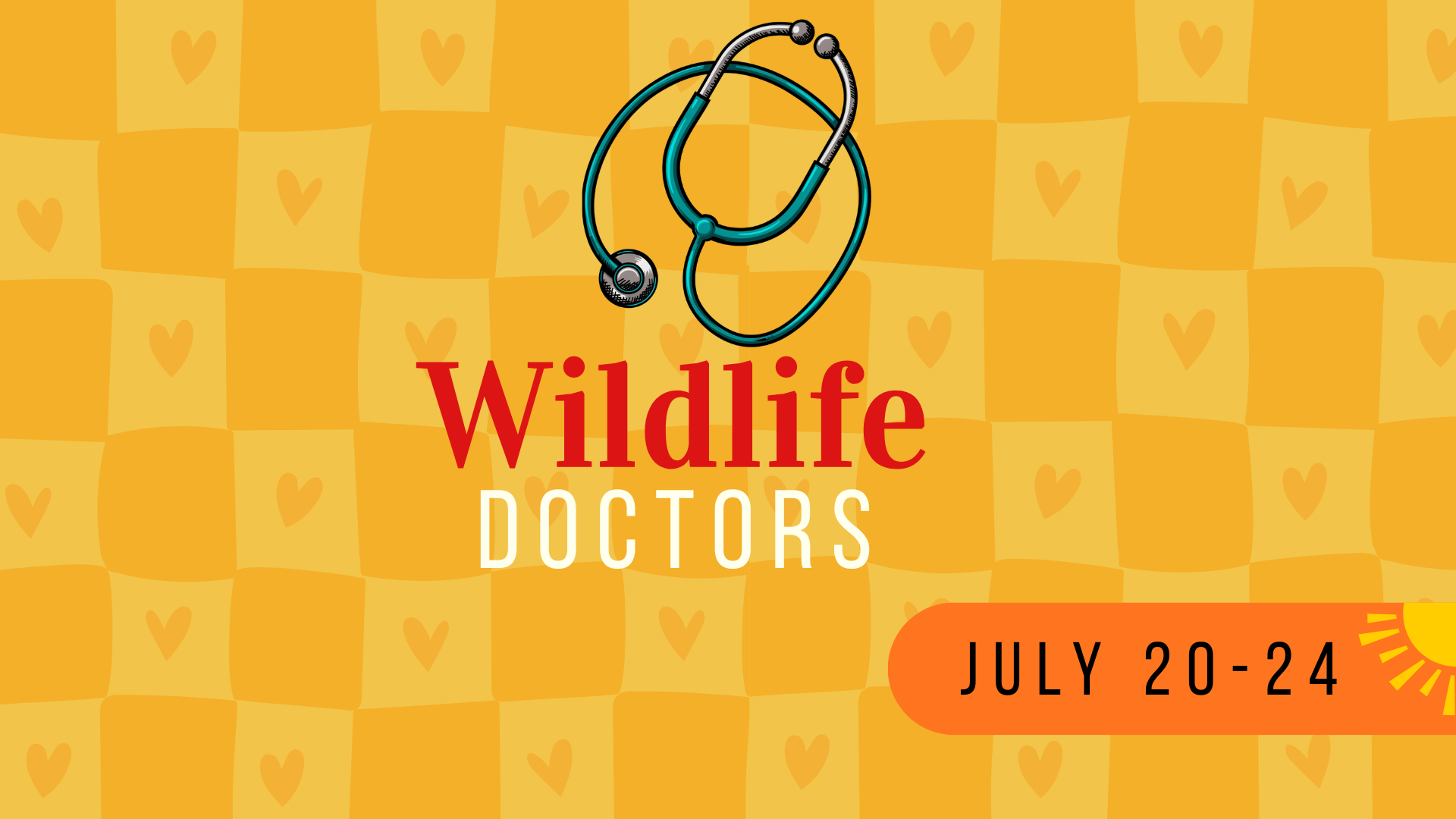 Health Heroes event banner: stethoscope above text on yellow checkerboard background, July 20-24.