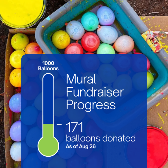 Mural fundraiser progress graphic showing 171 of 1000 balloons donated as of Aug 26