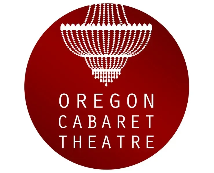 Red circular Oregon Cabaret Theatre logo with white chandelier and text