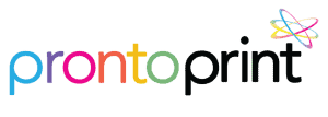Pronto Print logo with colorful “pronto” and black “print,” plus a multicolor swoosh icon above the text