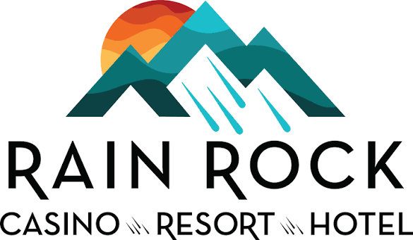 Rain Rock Casino Resort Hotel logo with teal mountains, orange sun, and black text