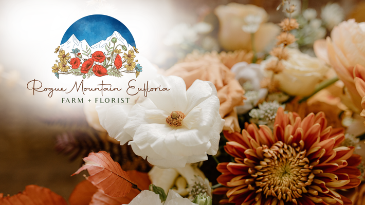 White and orange flowers with a logo and text overlay on a soft, blurred floral background