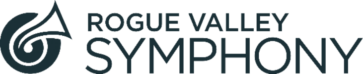 Rogue Valley Symphony logo with a teal circular swirl icon and gray text on a white background