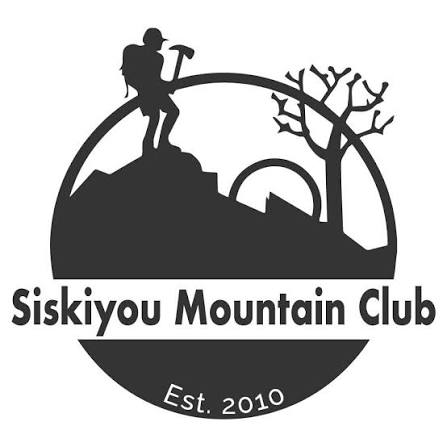Siskiyou Mountain Club logo with hiker silhouette, mountains, tree, and
