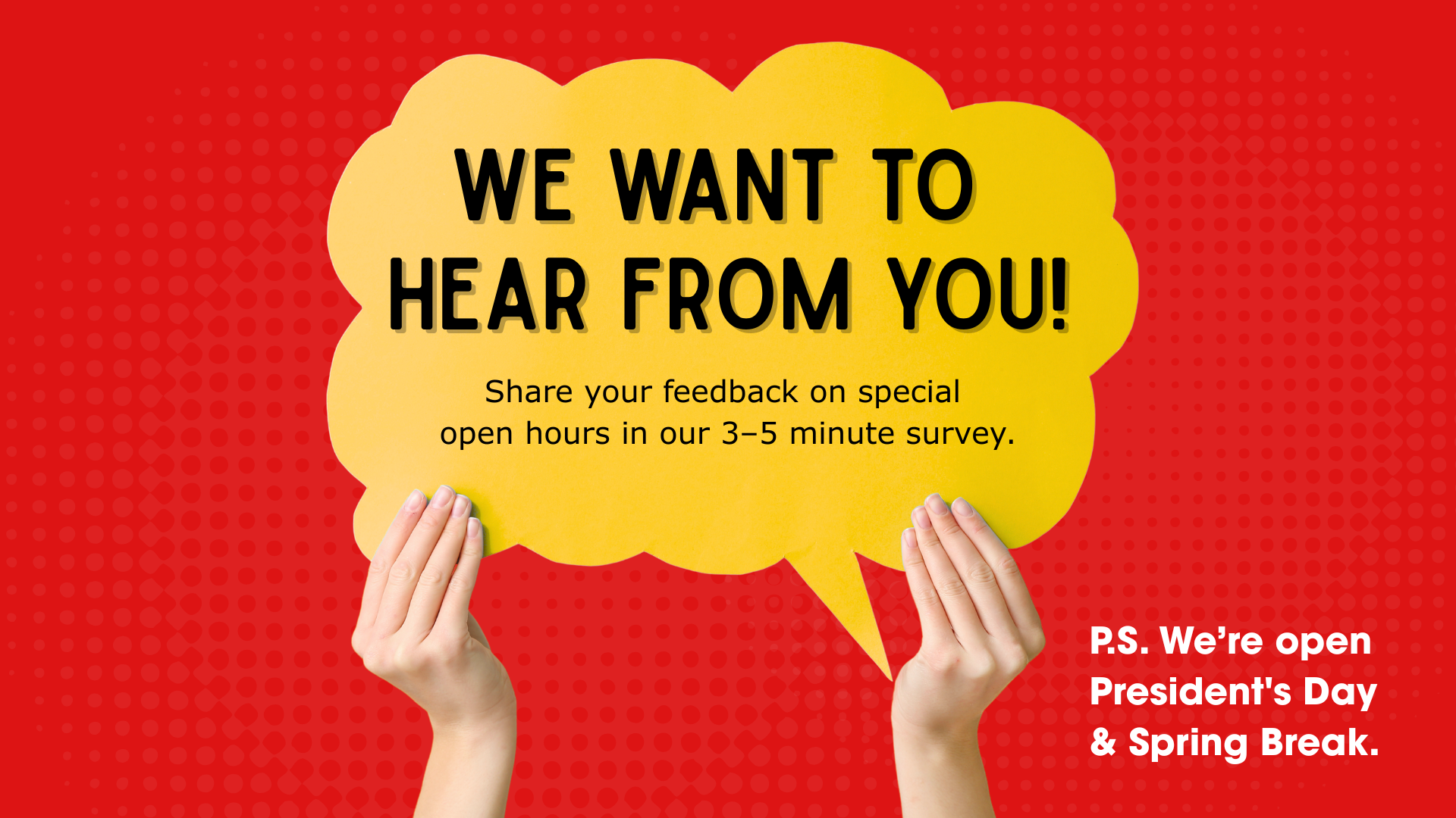 Hands holding a yellow speech bubble with text
